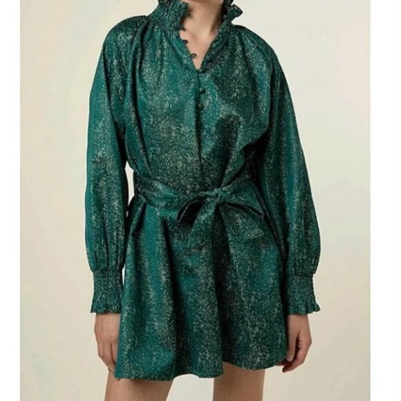 Frnch Gally Dress Green Metallic Long Sleeve Loose Fit Button Neck Size Medium - Picture 1 of 13